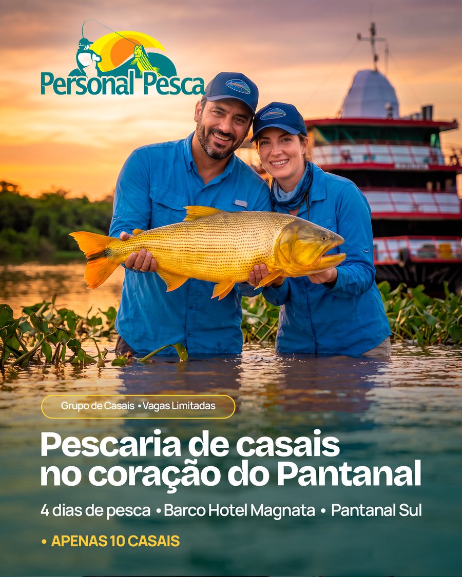 Arte do Barco Hotel Magnata para a Personal Pesca: casal com dourado no Pantanal